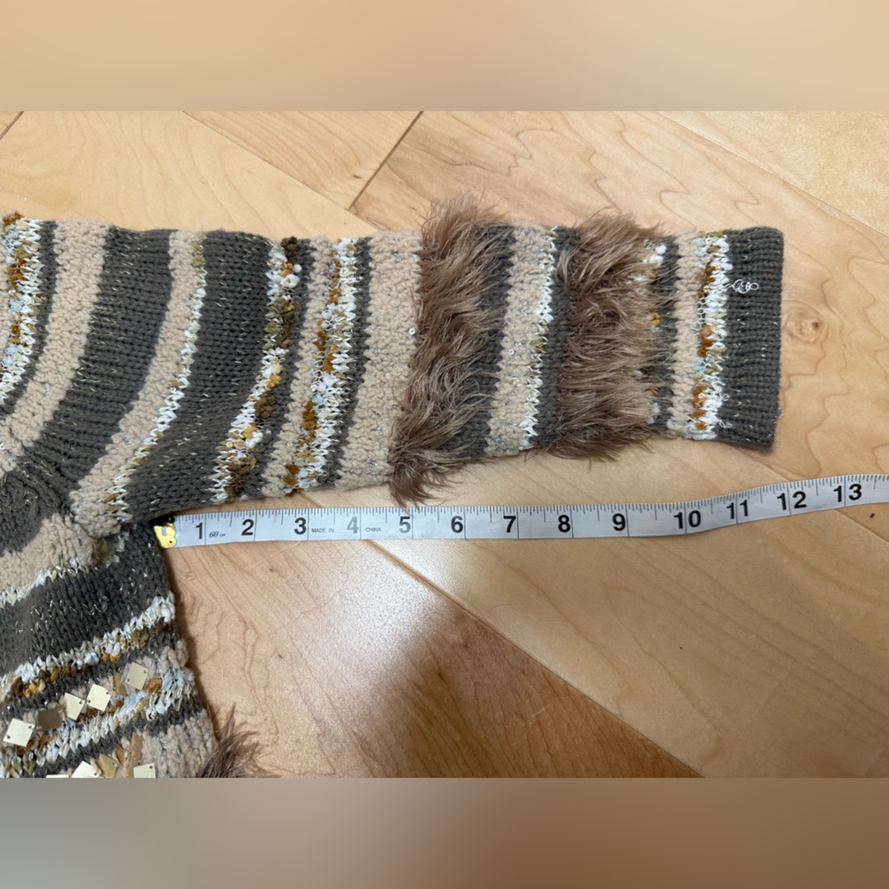 Chicos Open Front Cardigan Sweater Sequin Faux Fur Trim Striped Gold Size 0 - Picture 11 of 11